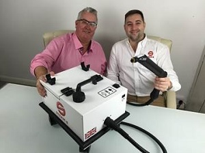 Martin Whitbread (left) and Jared Brady (right) of Steam-e, who have just secured a six-figure finance package from HSBC to take their battery-powered chewing gum removal machine to the US.